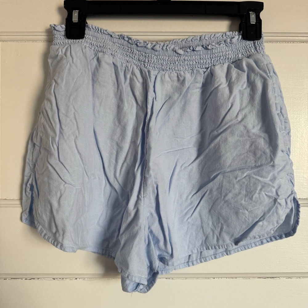 Aerie Light Powder Blue Linen Blend Pull On Shorts Elastic Waist Sz Med Pockets